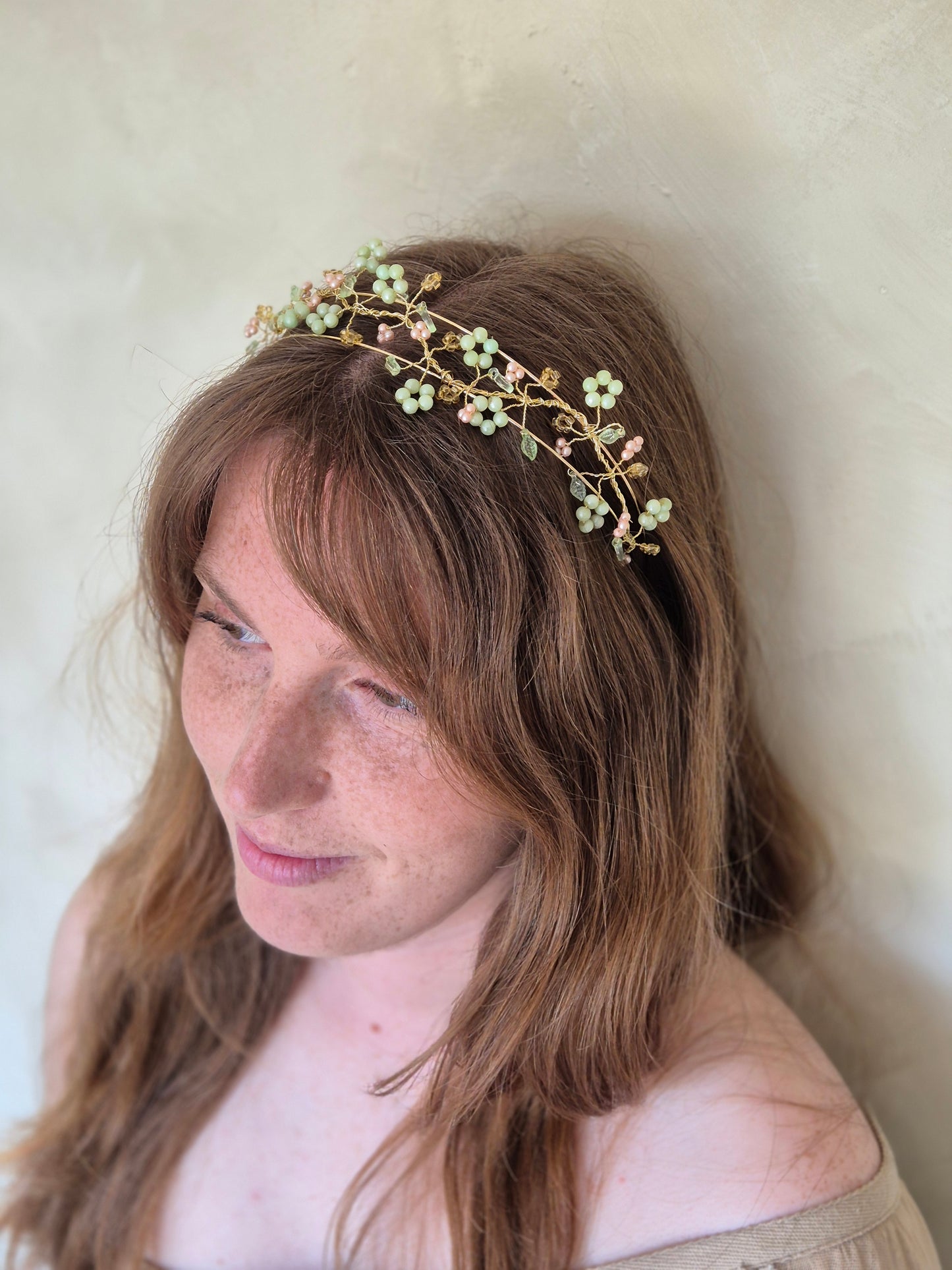 one of a kind floral and leaf beaded vines tiara