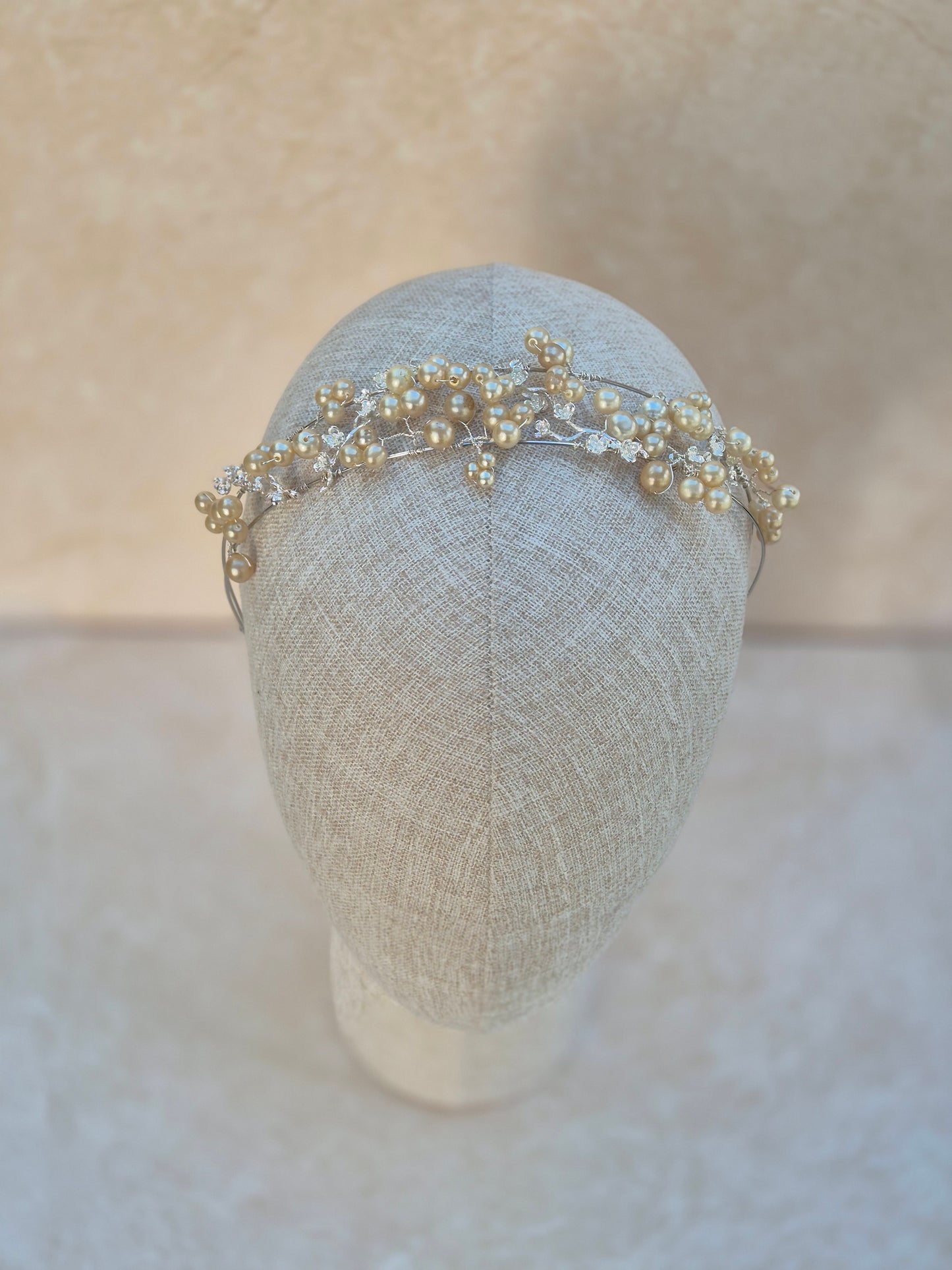 Double banded bridal tiara covered in vintage pearls
