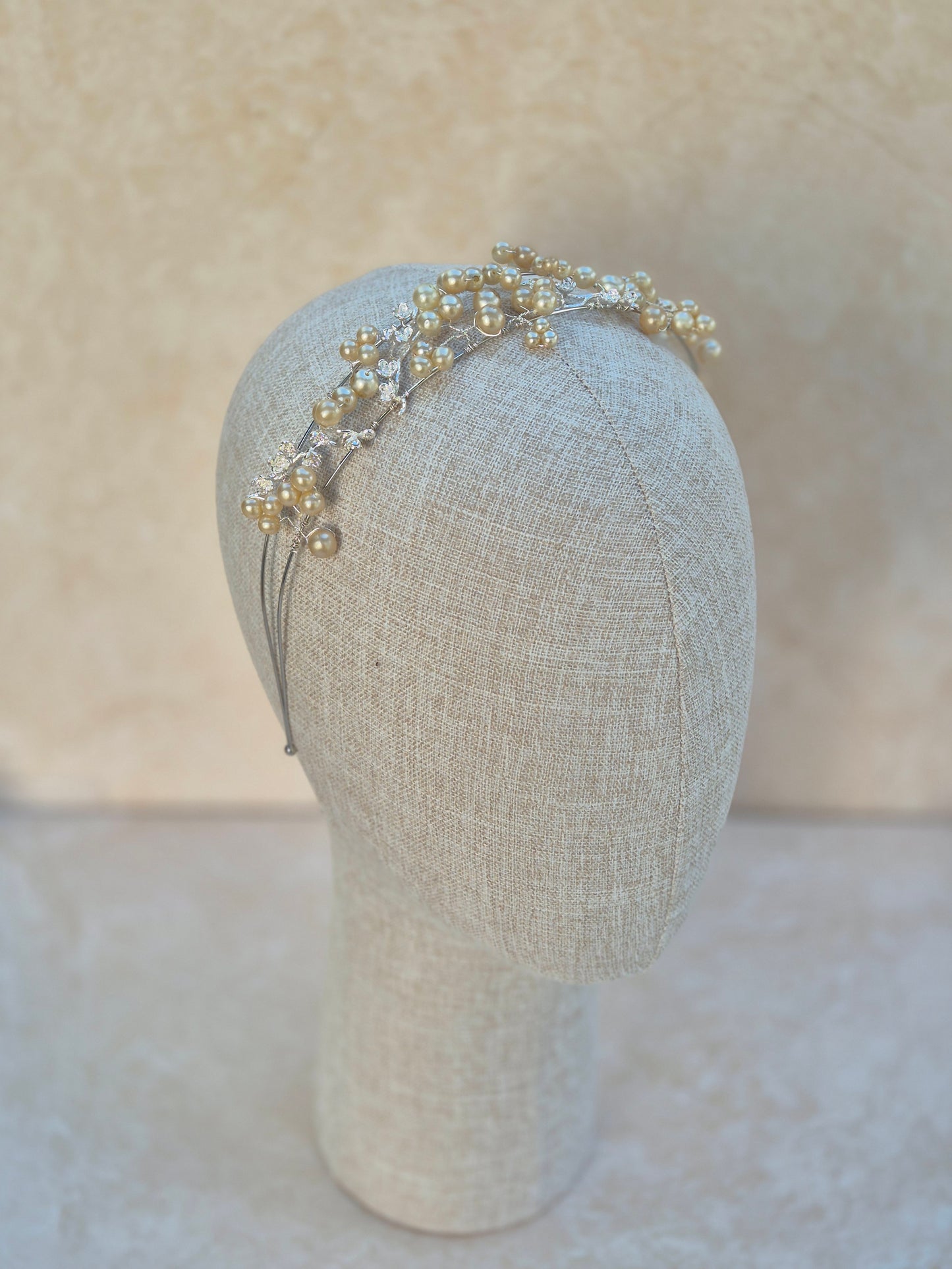 Double banded bridal tiara covered in vintage pearls