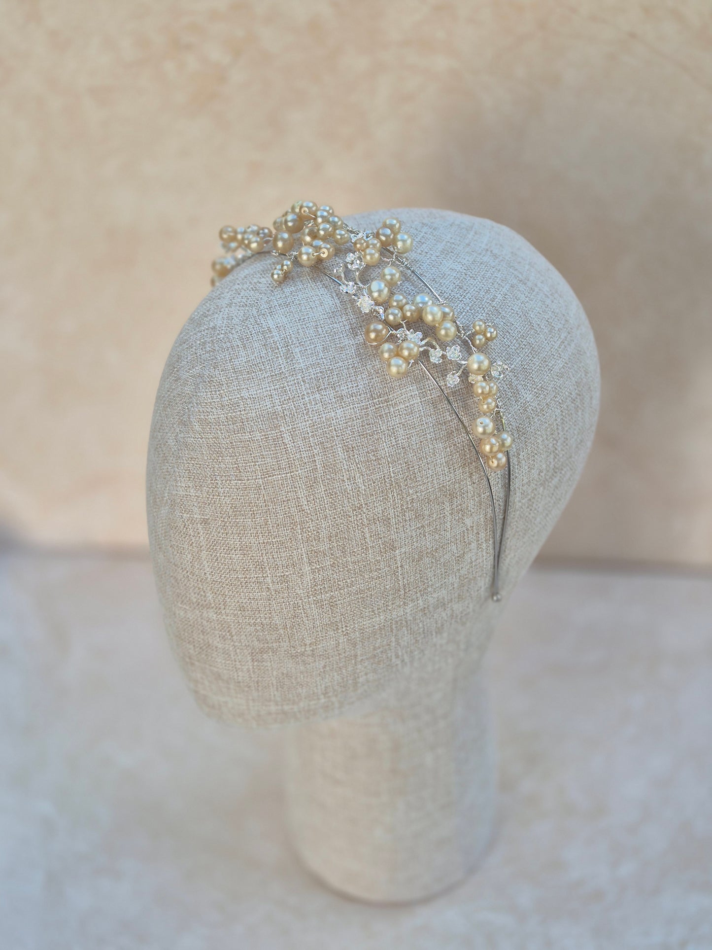 Double banded bridal tiara covered in vintage pearls