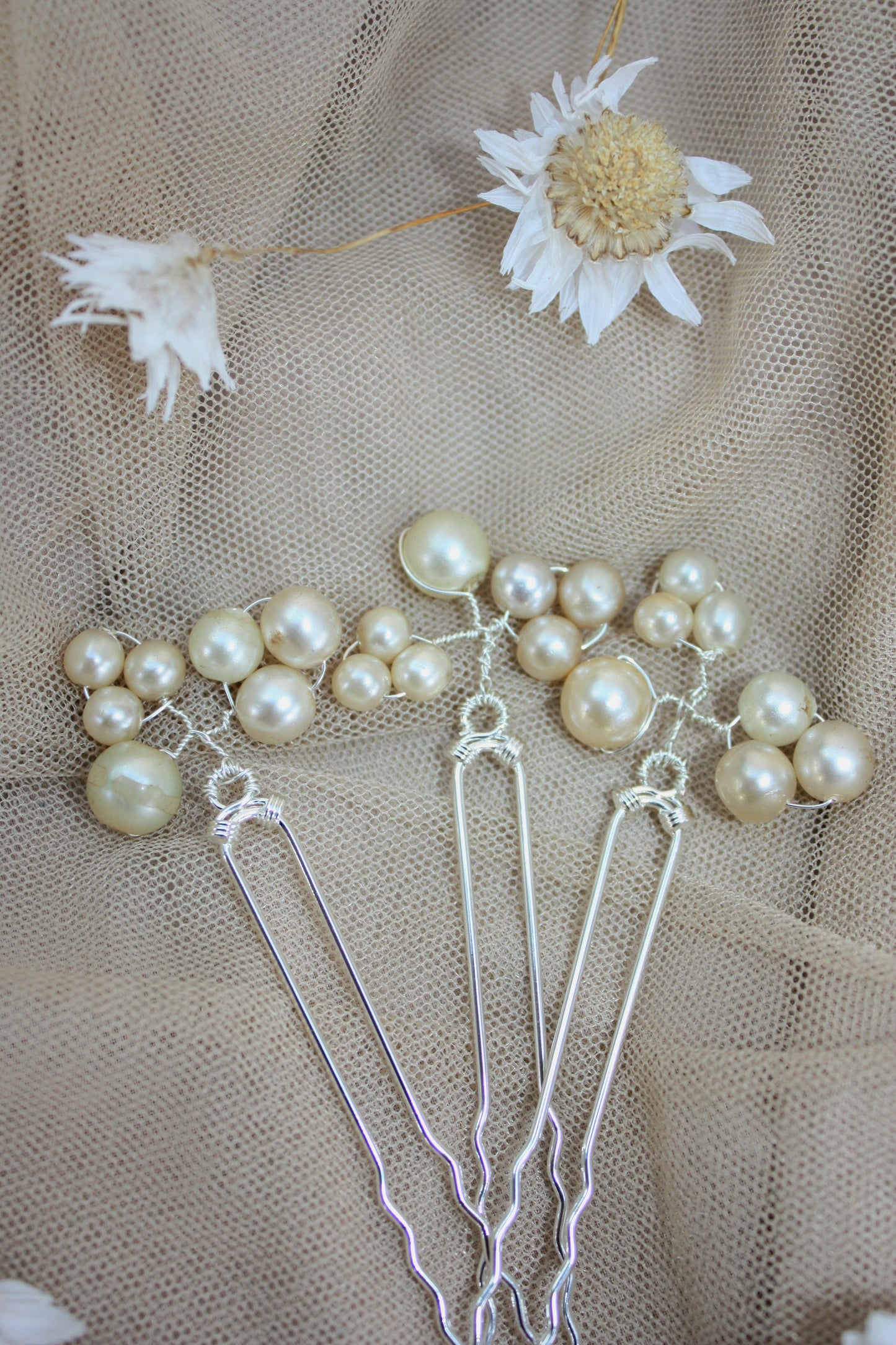 one of a kind pearl and silver hair pins