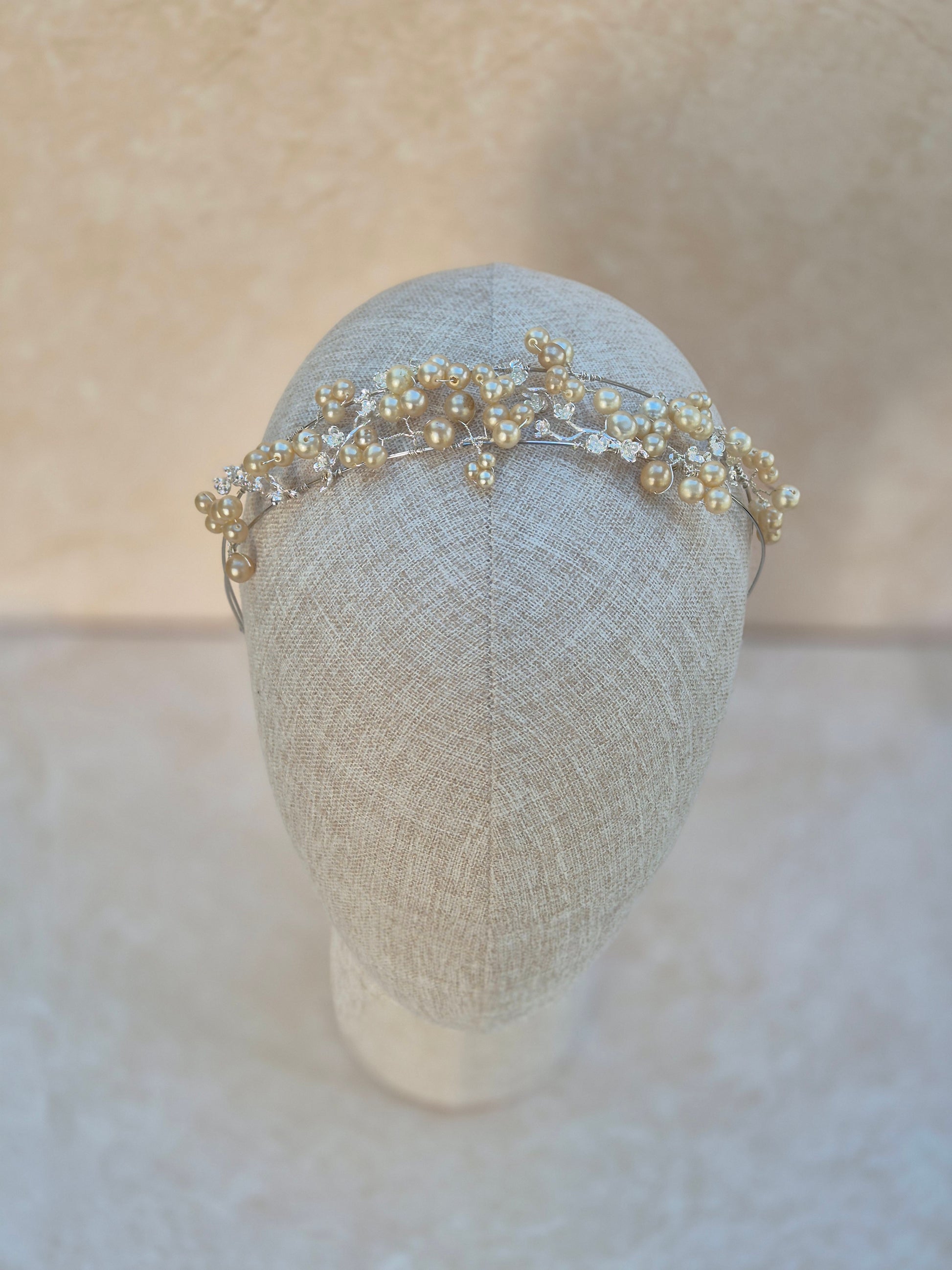 Double banded bridal tiara covered in vintage pearls 