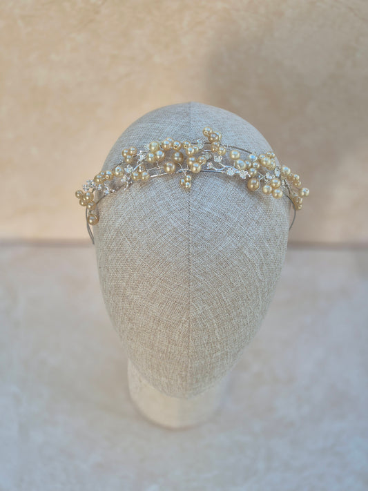 Double banded bridal tiara covered in vintage pearls 