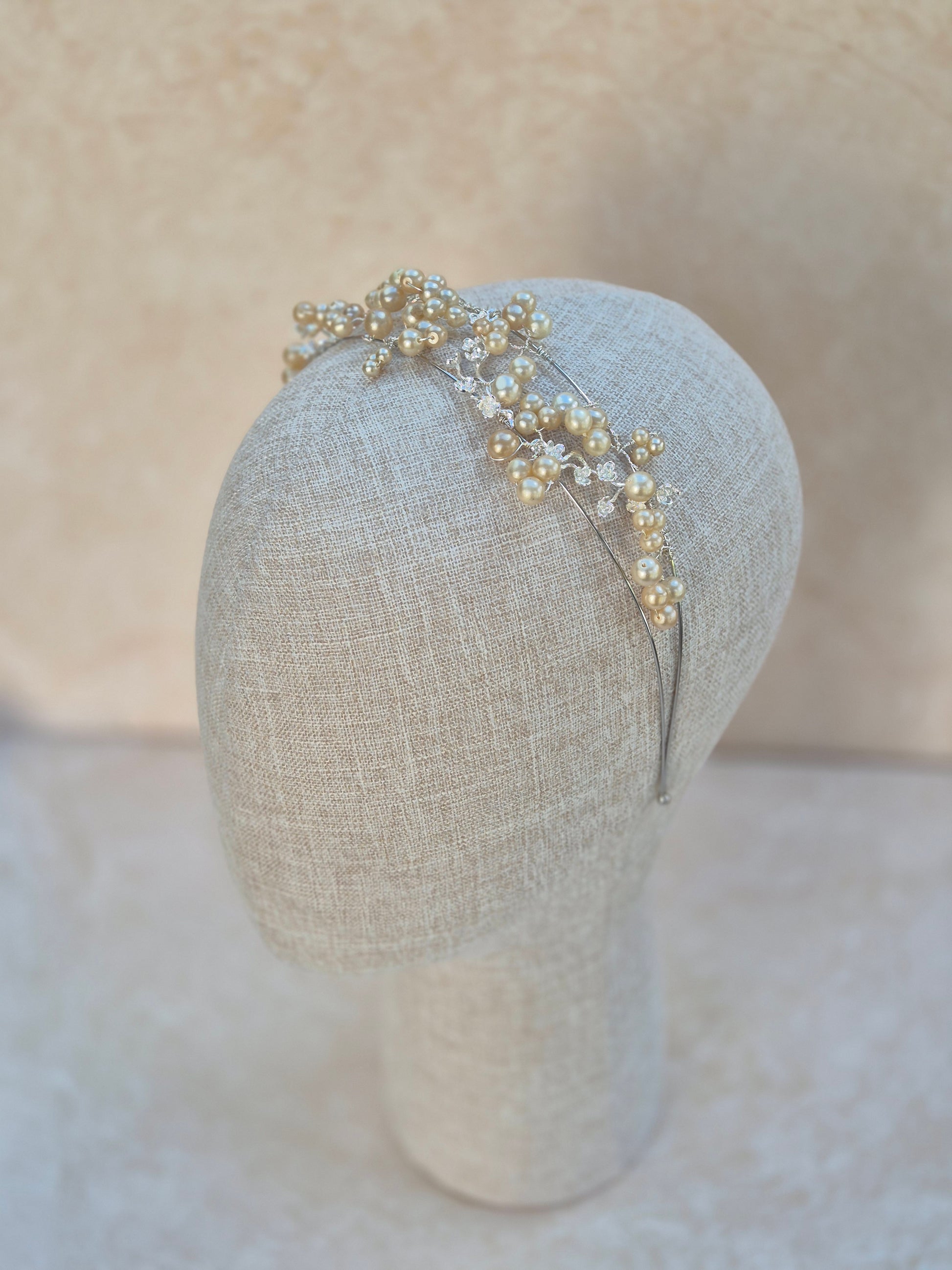 Double banded bridal tiara covered in vintage pearls 