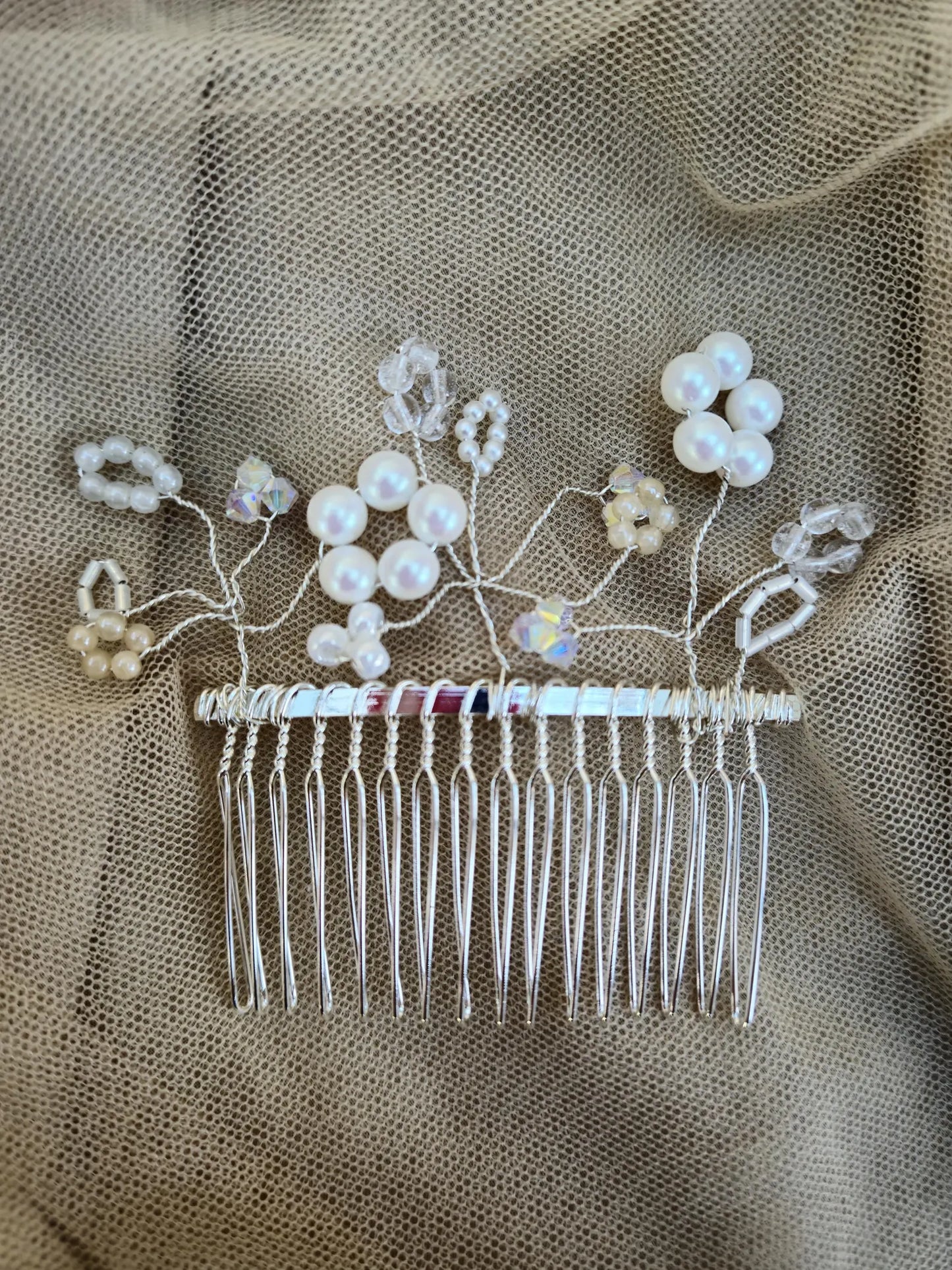 one of a kind Crystal and pearl beaded silver hair comb