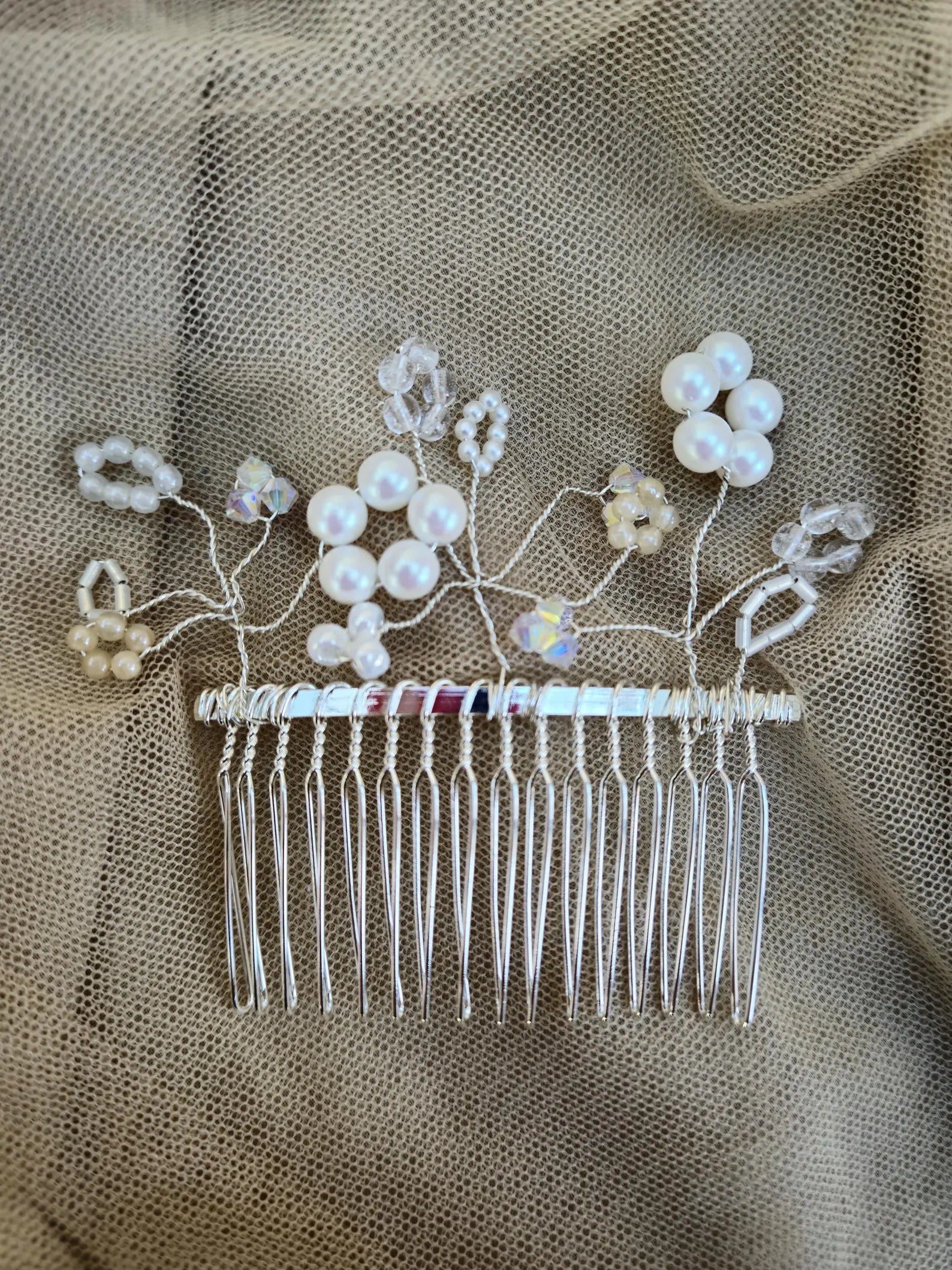 one of a kind Crystal and pearl beaded silver hair comb