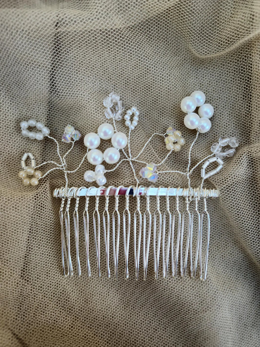 one of a kind Crystal and pearl beaded silver hair comb